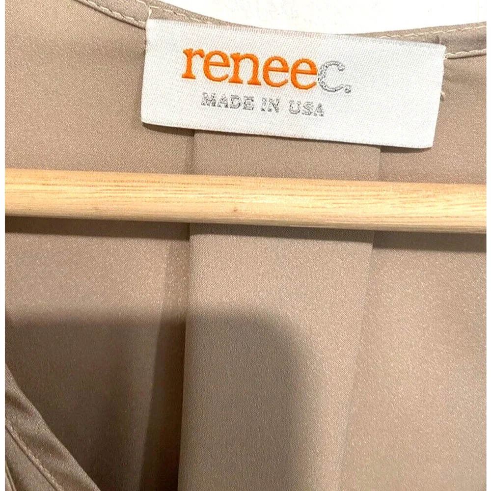 Renee C - Made in USA beige faux wrap satin V-neck blouse women's size large